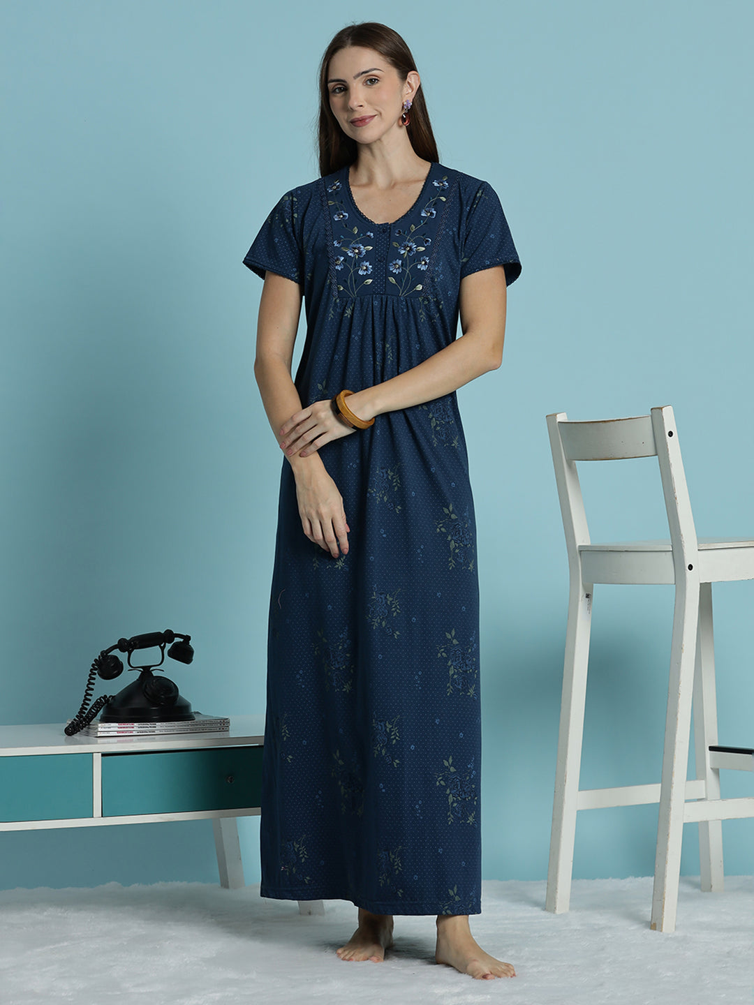 Indigo floral cotton blend comfortable nighty for women