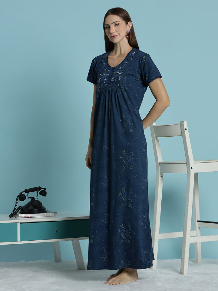 Indigo floral cotton blend comfortable nighty for women