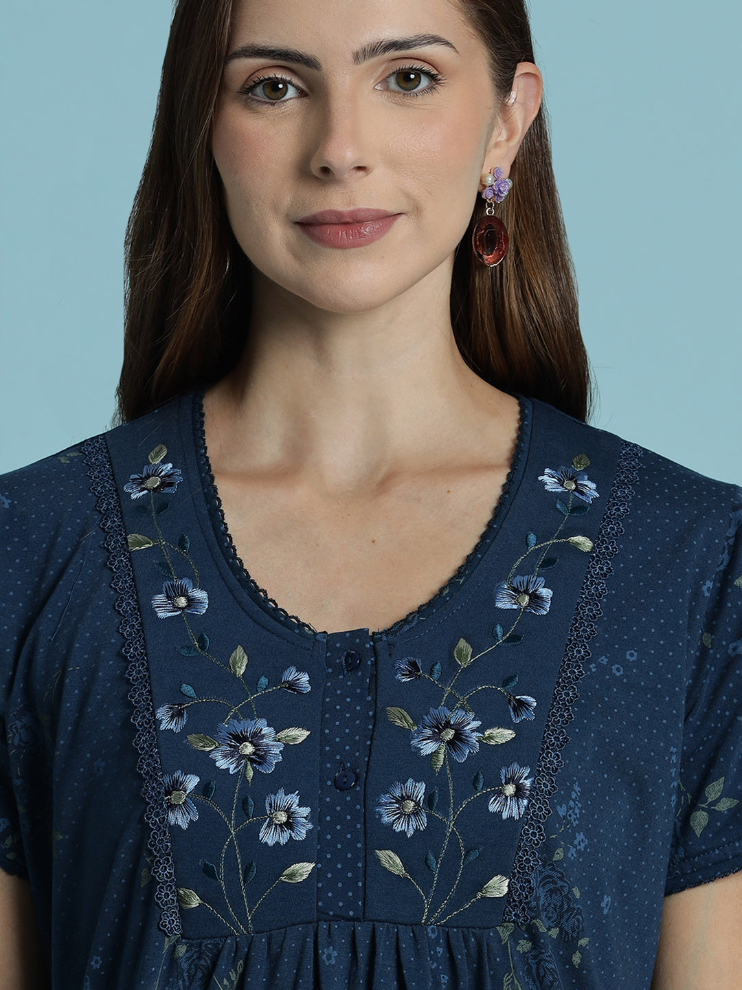Indigo floral cotton blend comfortable nighty for women
