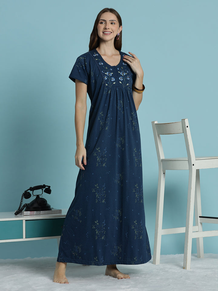 Indigo floral cotton blend comfortable nighty for women
