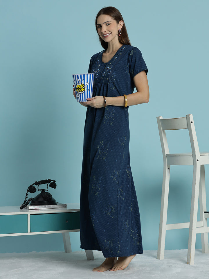 Indigo floral cotton blend comfortable nighty for women