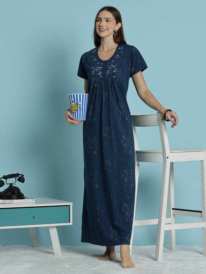 Indigo floral cotton blend comfortable nighty for women