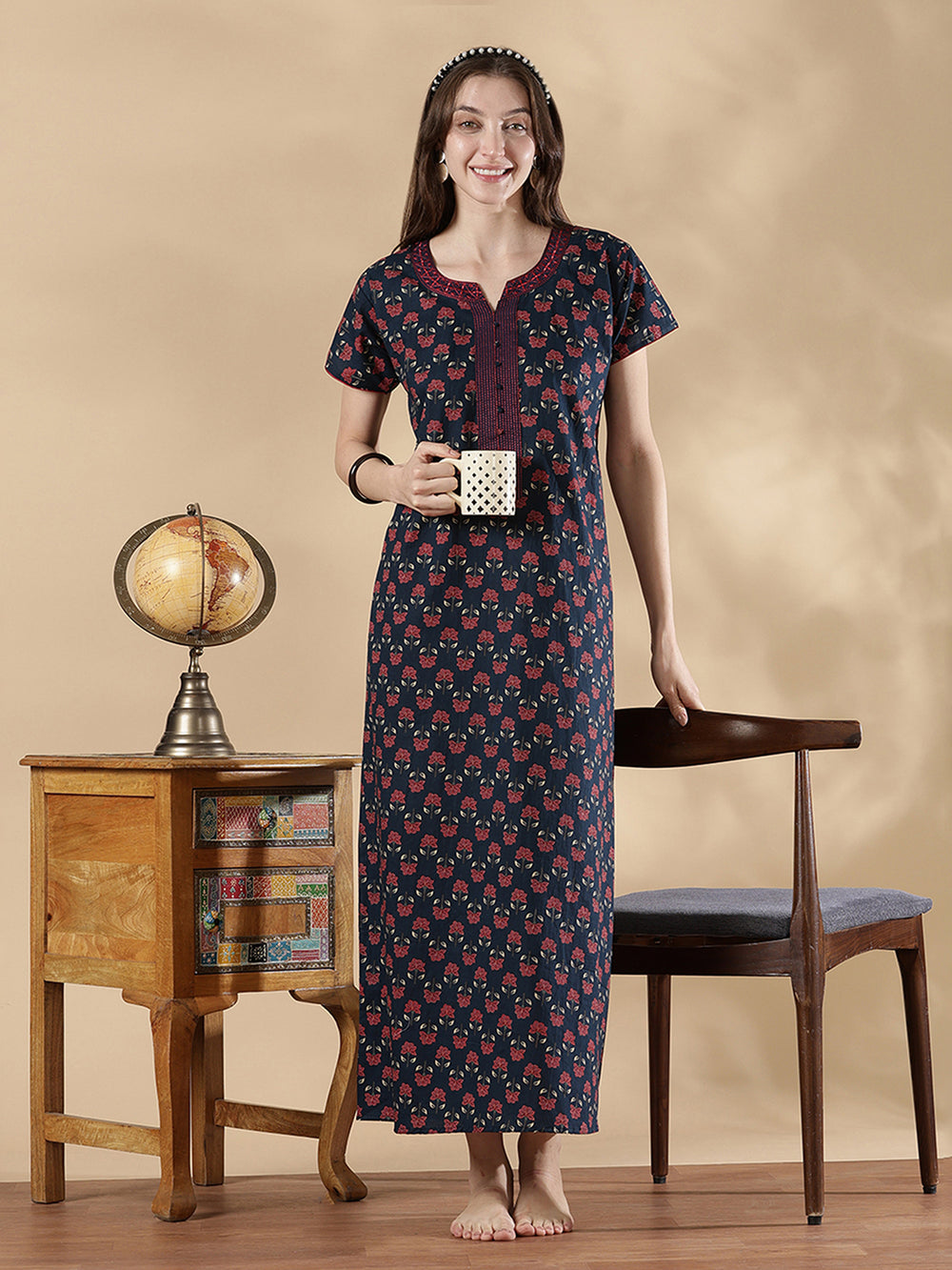 Indigo floral print pure cotton floral night dress for women