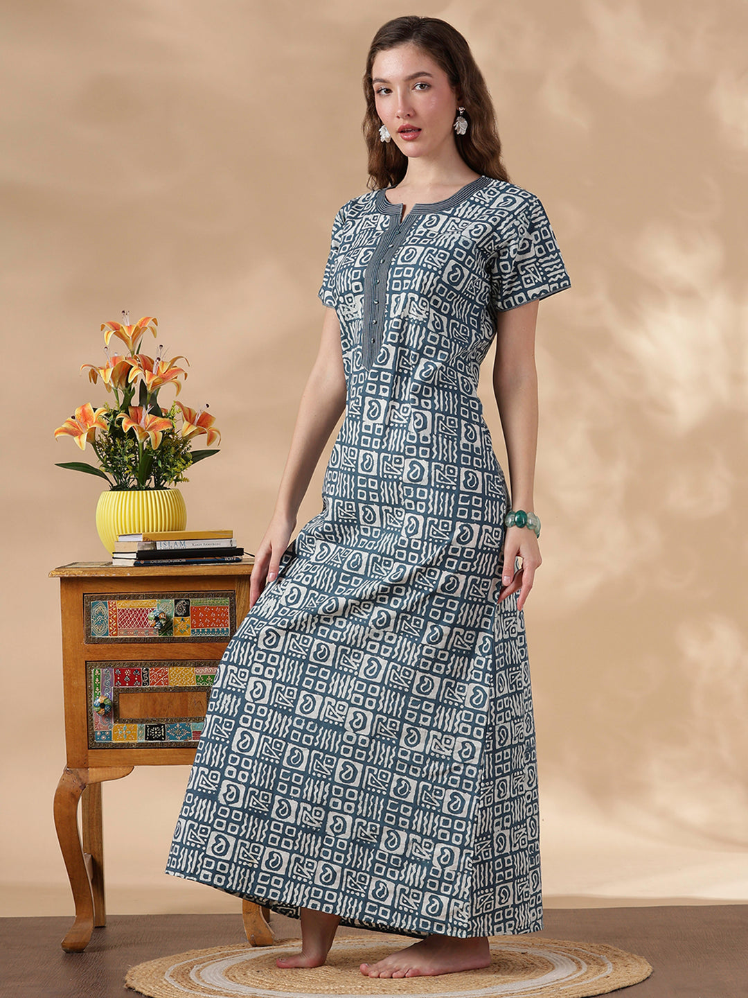 indigo cotton nightgown for women in batik print
