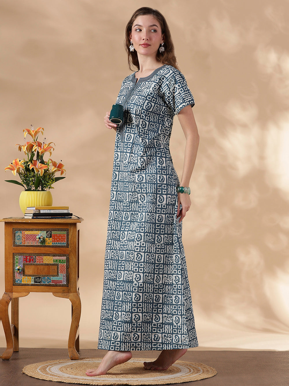 indigo cotton nightgown for women in batik print