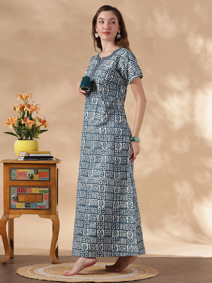 indigo cotton nightgown for women in batik print