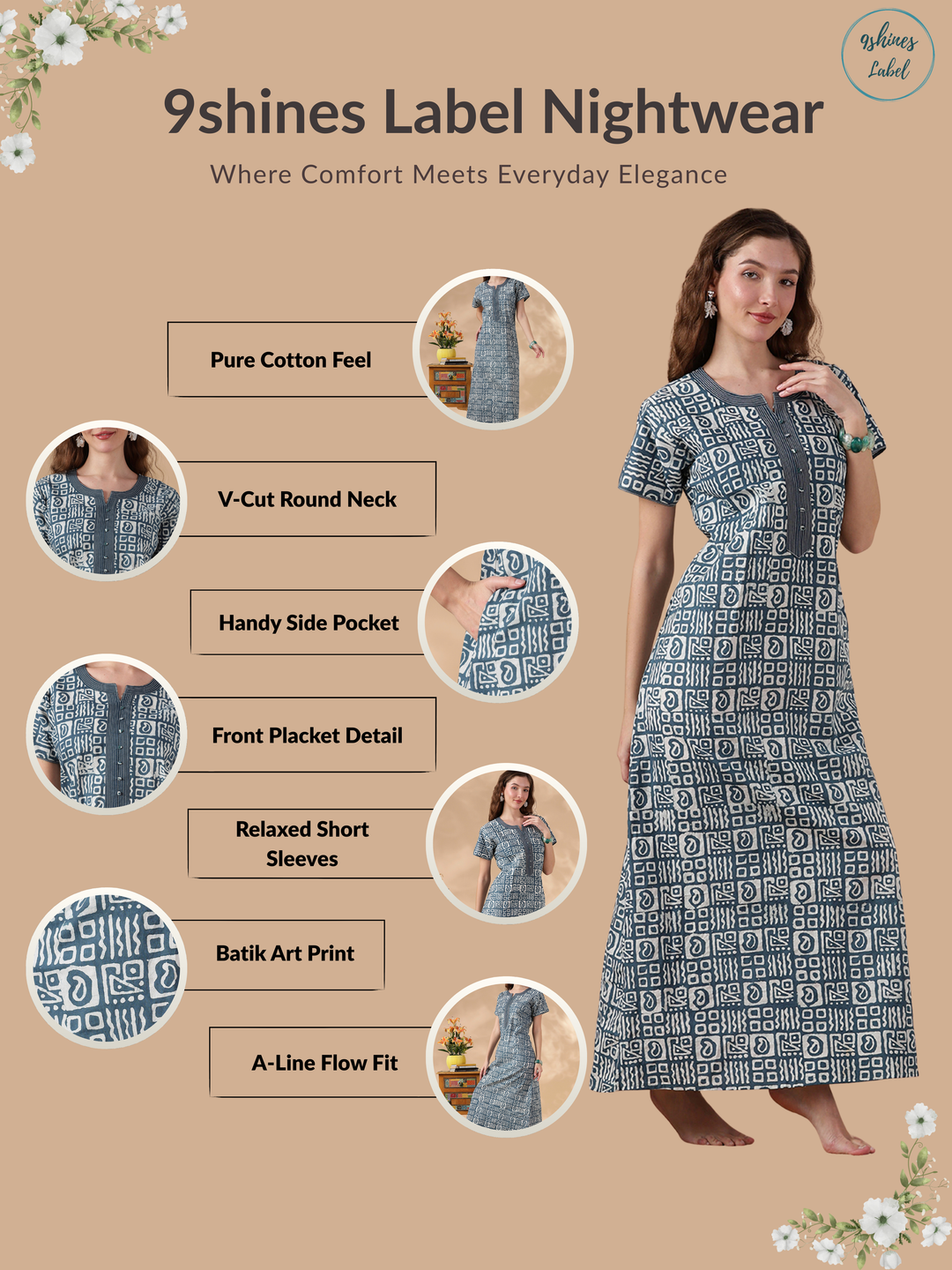 indigo cotton nightgown for women in batik print