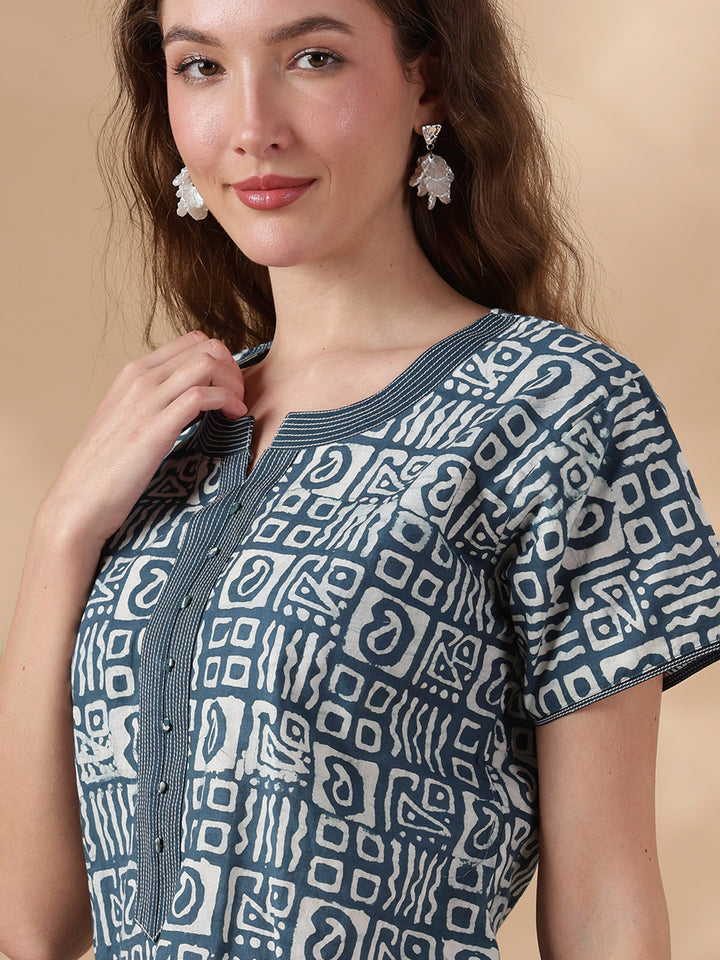 indigo cotton nightgown for women in batik print