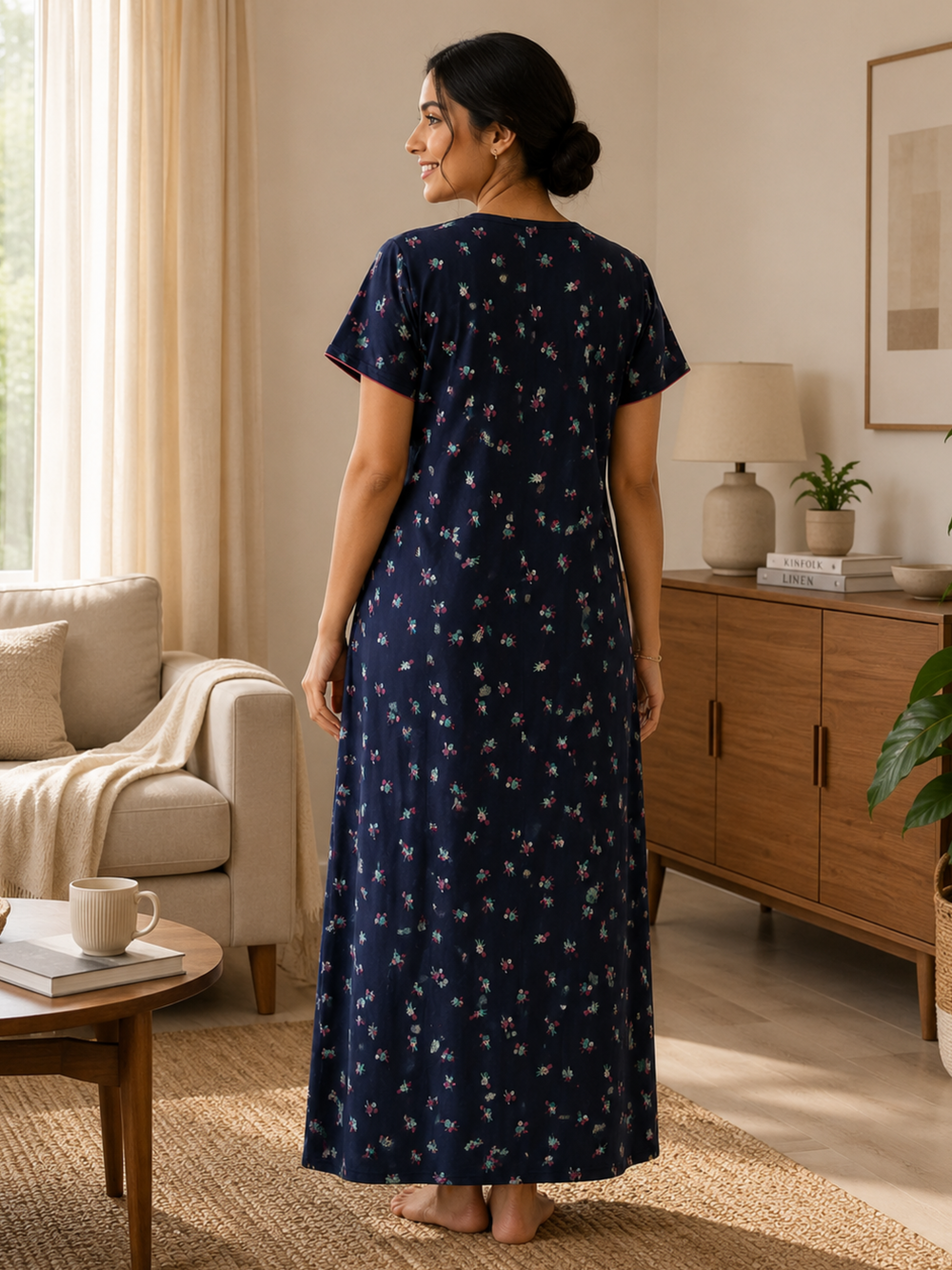 Ink blue floral cotton blend comfortable nighty online