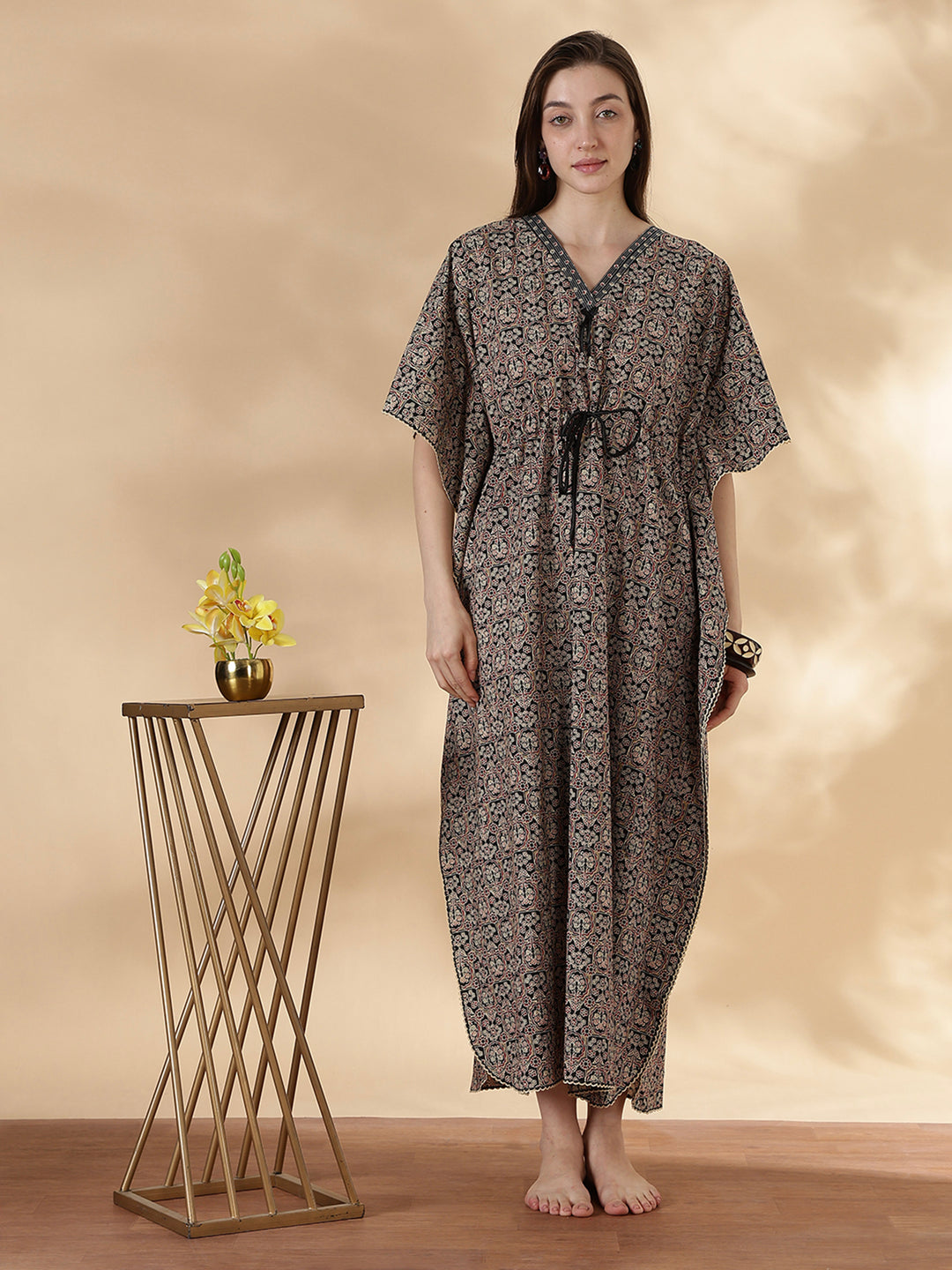 Ajrakh ebony pure cotton kaftan night dress for women