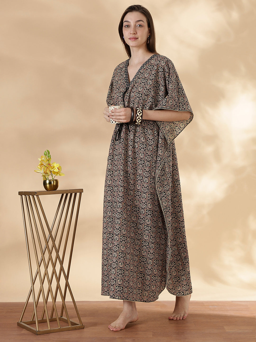 Ajrakh ebony pure cotton kaftan night dress for women