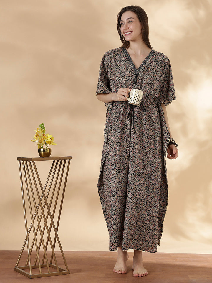 Ajrakh ebony pure cotton kaftan night dress for women