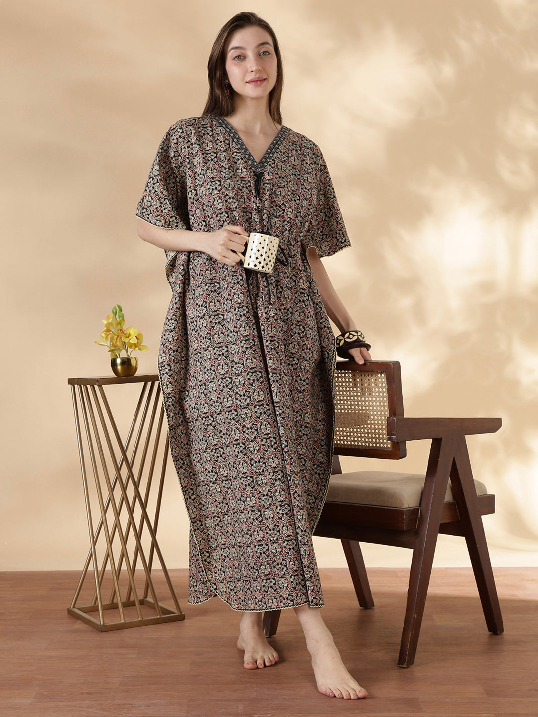 Ajrakh ebony pure cotton kaftan night dress for women