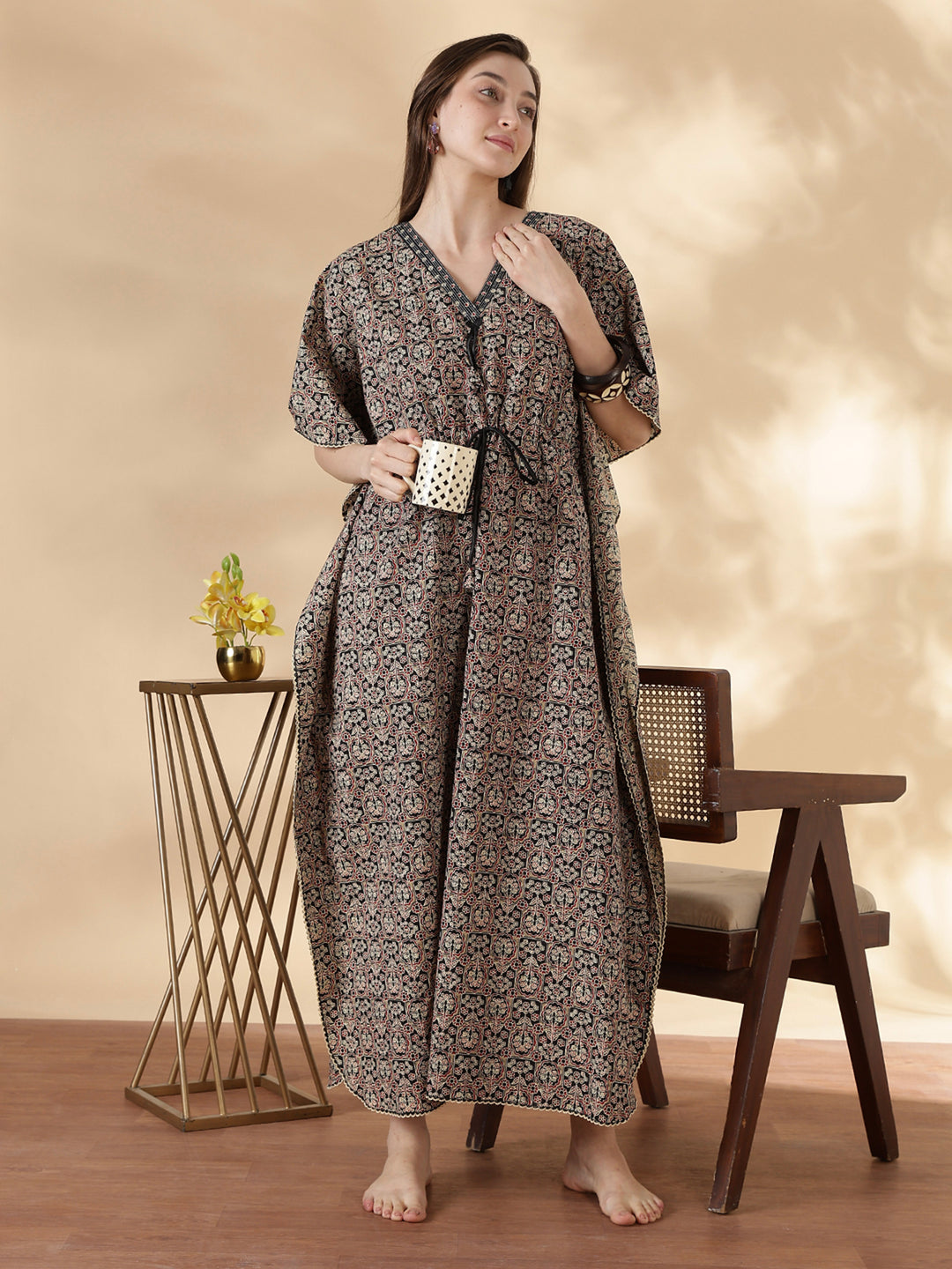Ajrakh ebony pure cotton kaftan night dress for women