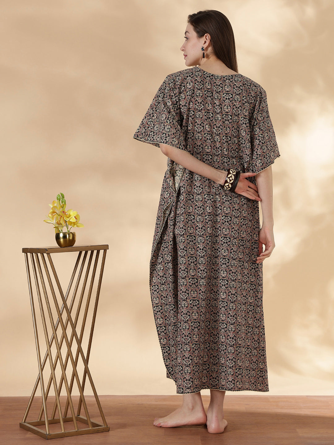 Ajrakh ebony pure cotton kaftan night dress for women