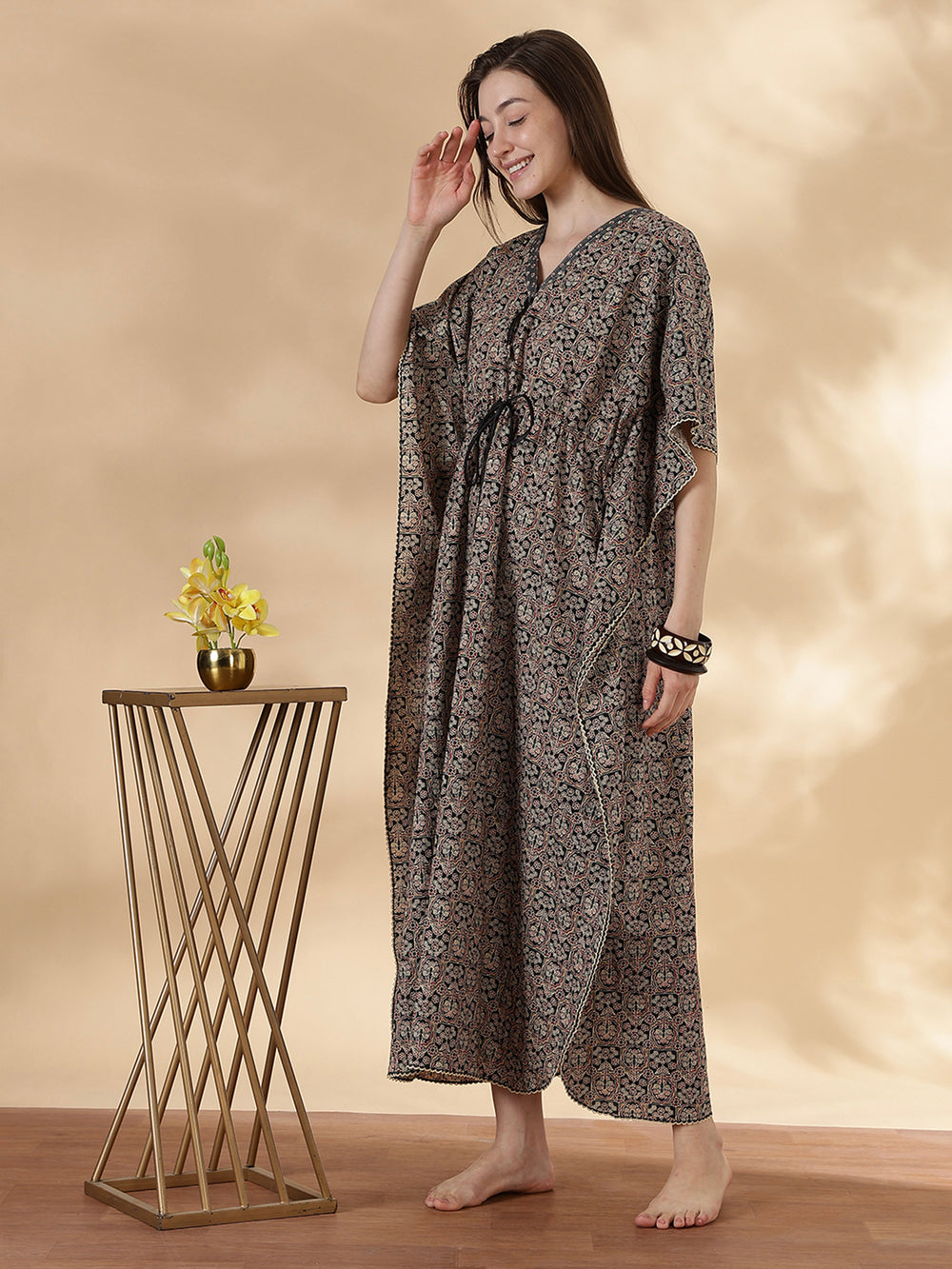 Ajrakh ebony pure cotton kaftan night dress for women