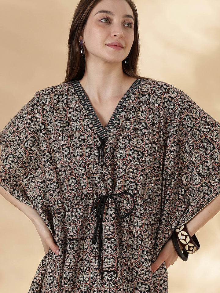 Ajrakh ebony pure cotton kaftan night dress for women