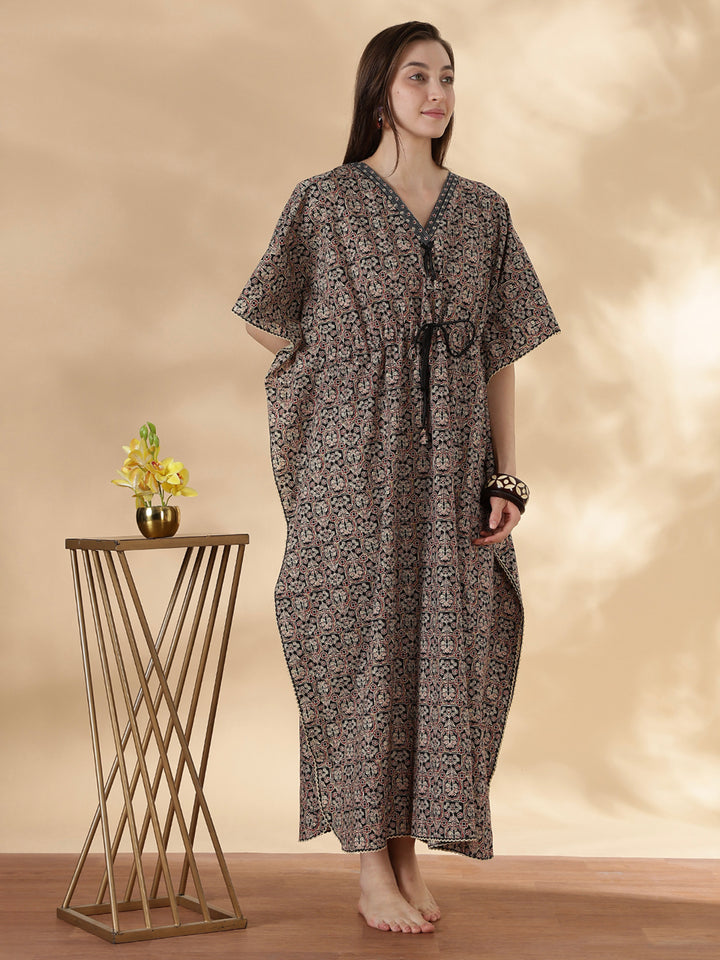 Ajrakh ebony pure cotton kaftan night dress for women
