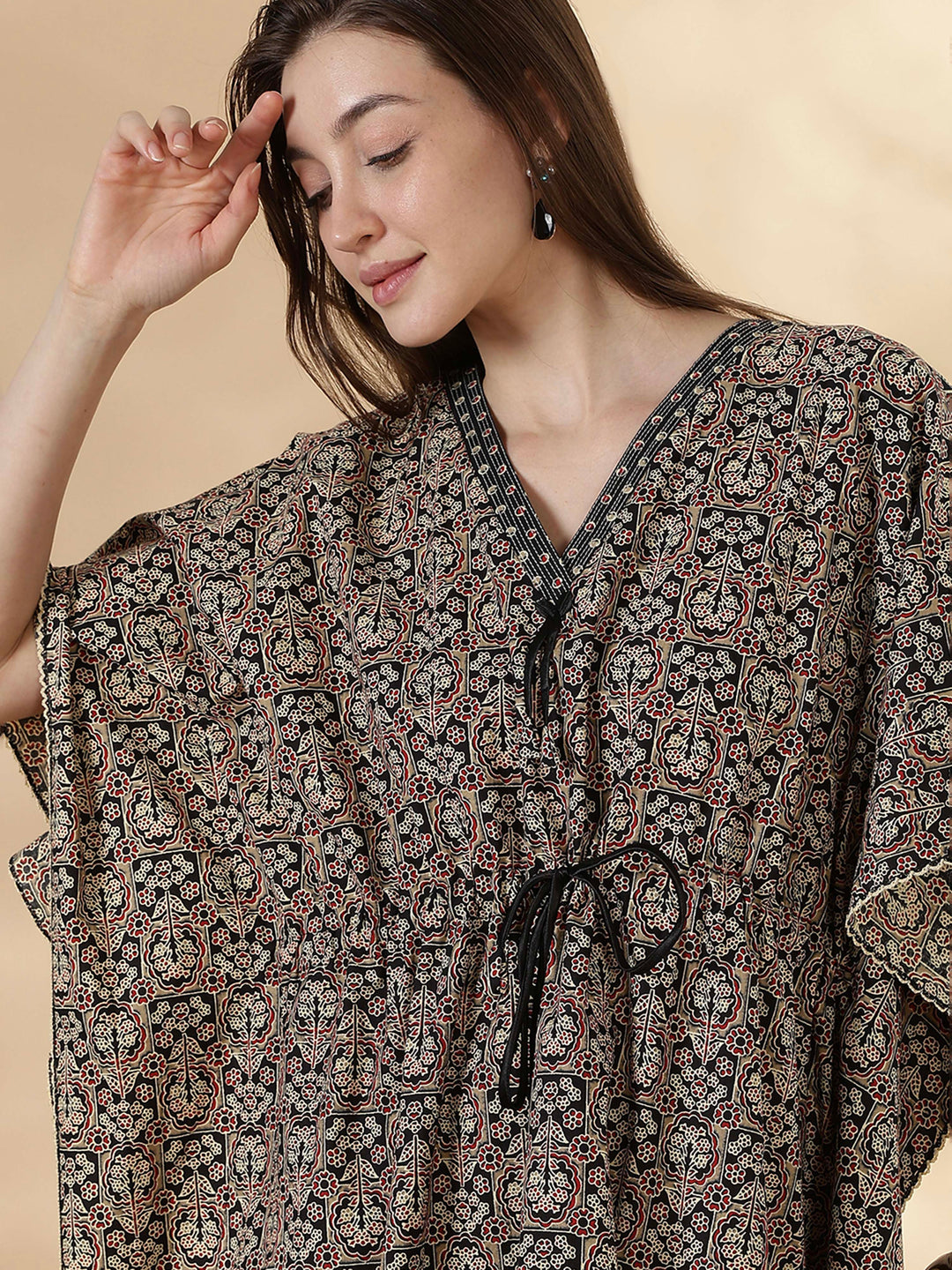 Ajrakh ebony pure cotton kaftan night dress for women