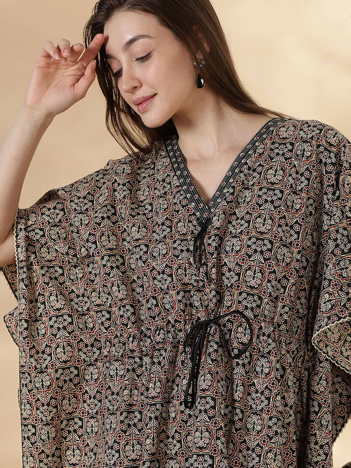 Ajrakh ebony pure cotton kaftan night dress for women