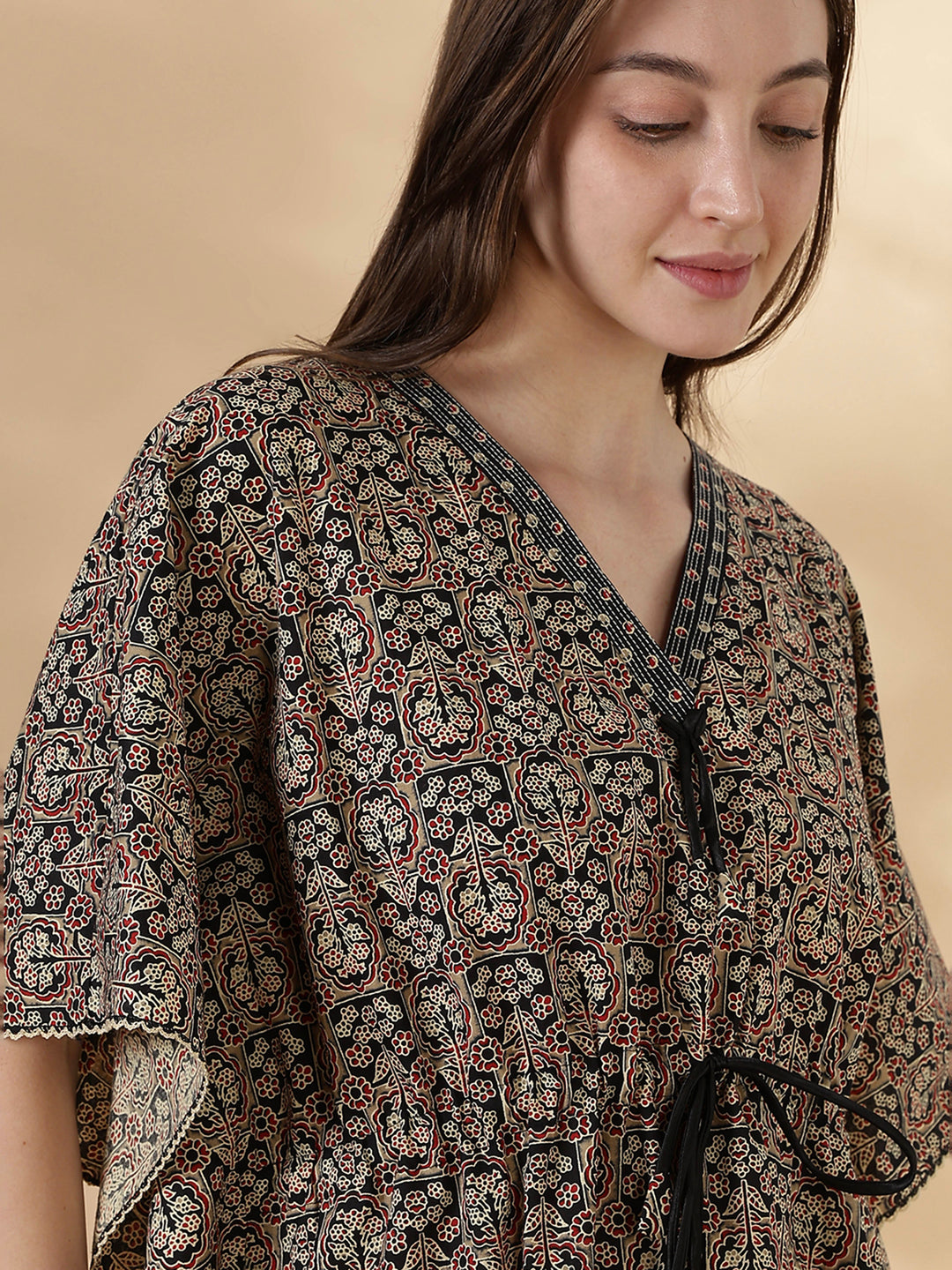 Ajrakh ebony pure cotton kaftan night dress for women