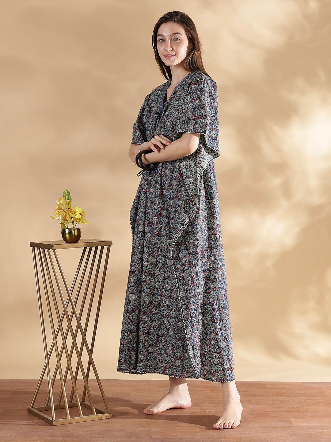 Ajrakh indigo 100% pure cotton kaftan nighty for women