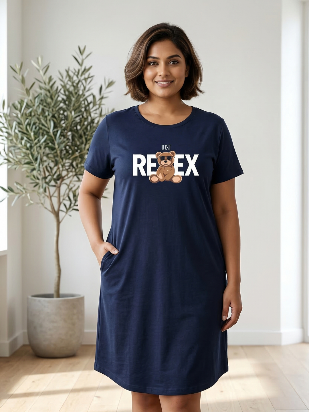 Soft cotton dark navy knee length short nighty for women