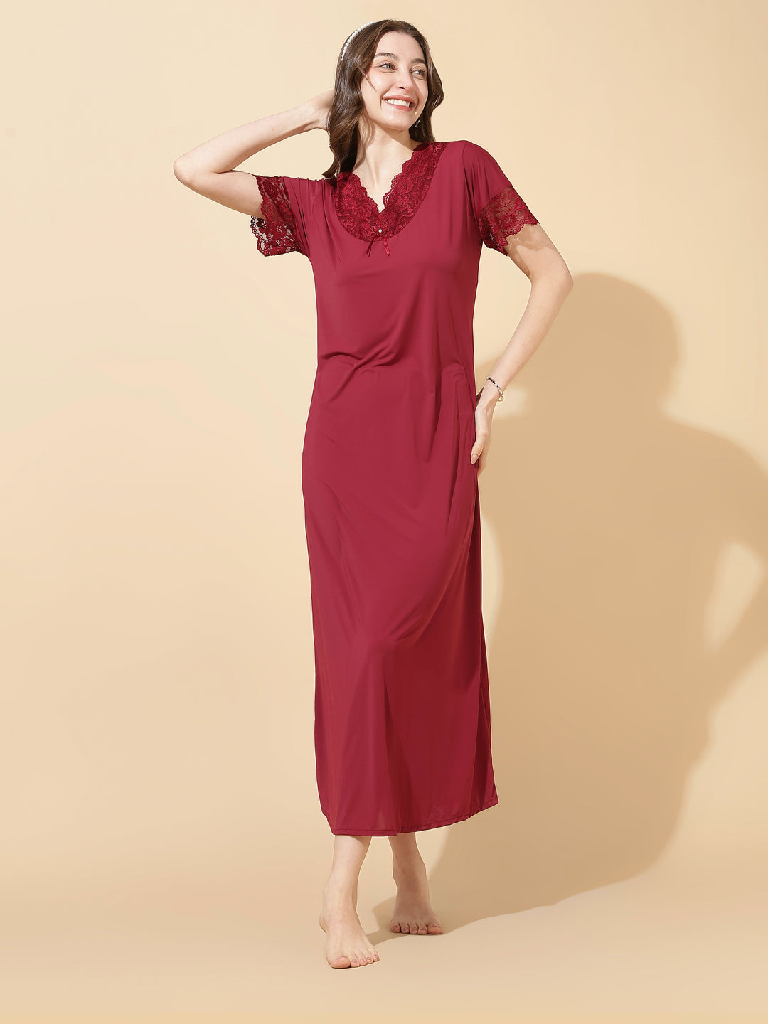Royal maroon soft malai modal lace night dress for women