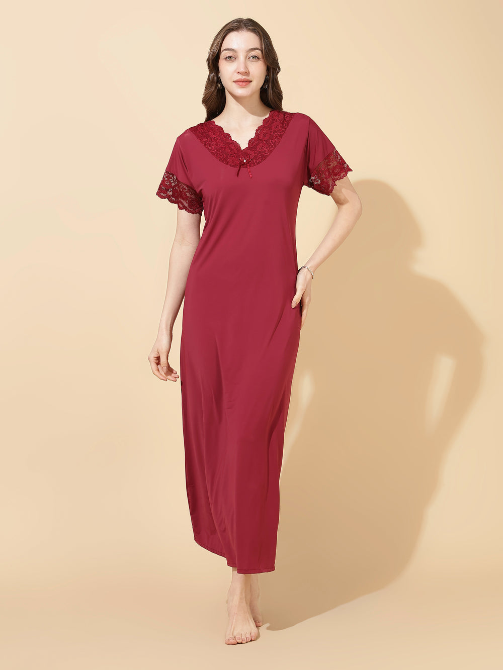 Royal maroon soft malai modal lace night dress for women