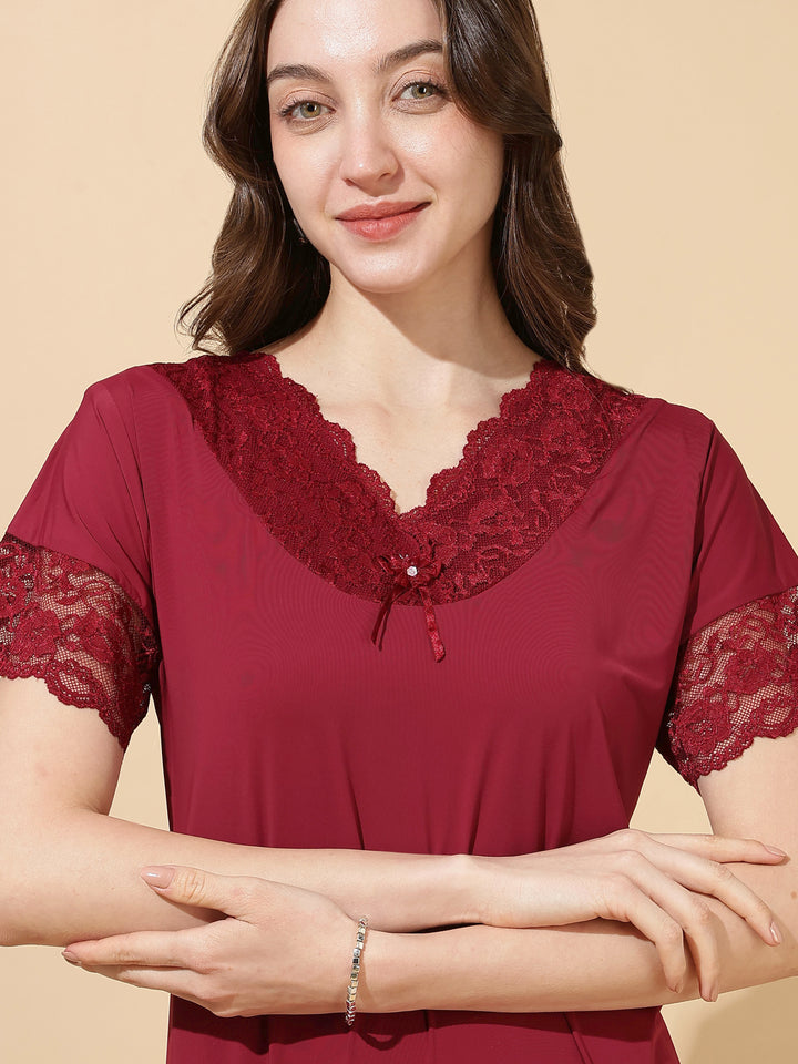 Royal maroon soft malai modal lace night dress for women