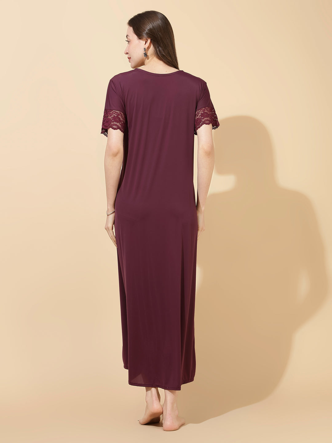 Royal wine malai modal designer lace night dress for women