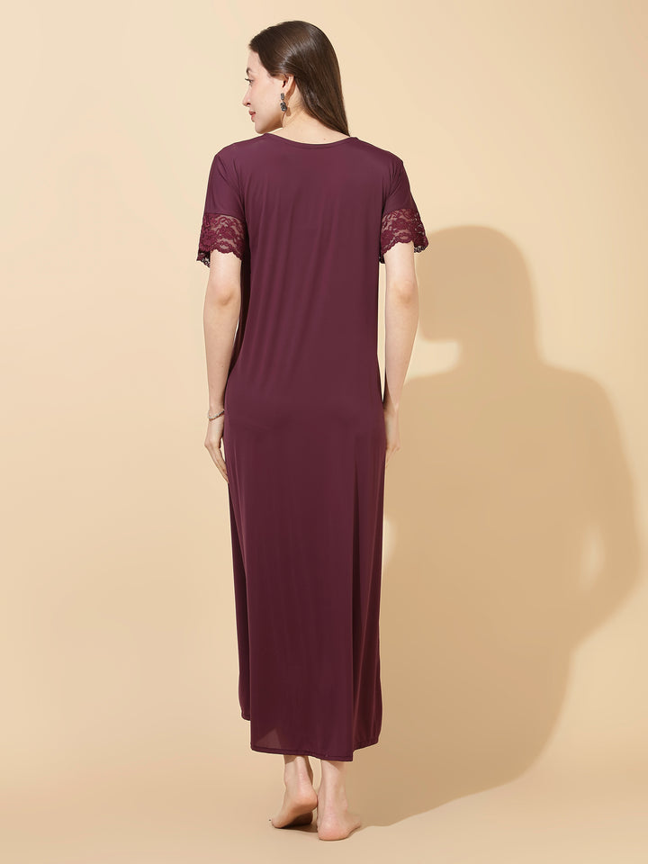 Royal wine malai modal designer lace night dress for women