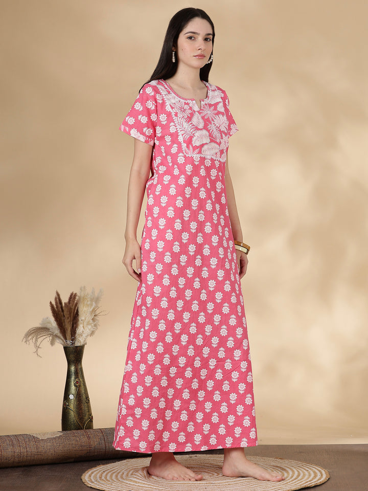 Tropica pink 100% pure cotton designer nighty for women