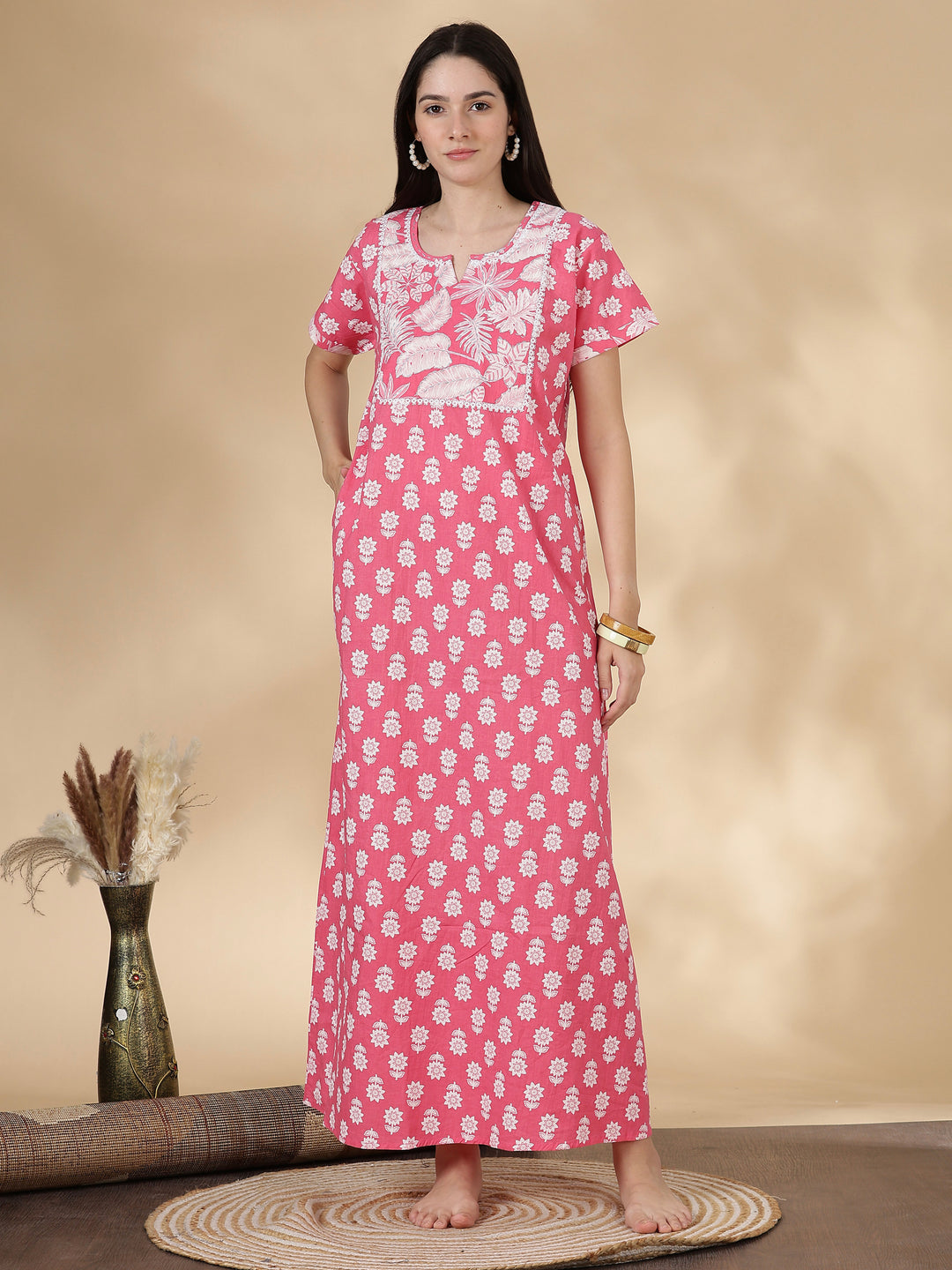 Tropica pink 100% pure cotton designer nighty for women