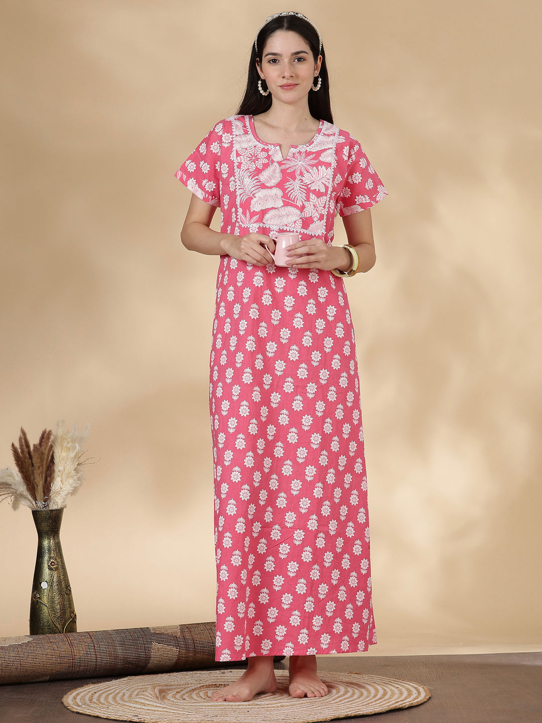 Tropica pink 100% pure cotton designer nighty for women