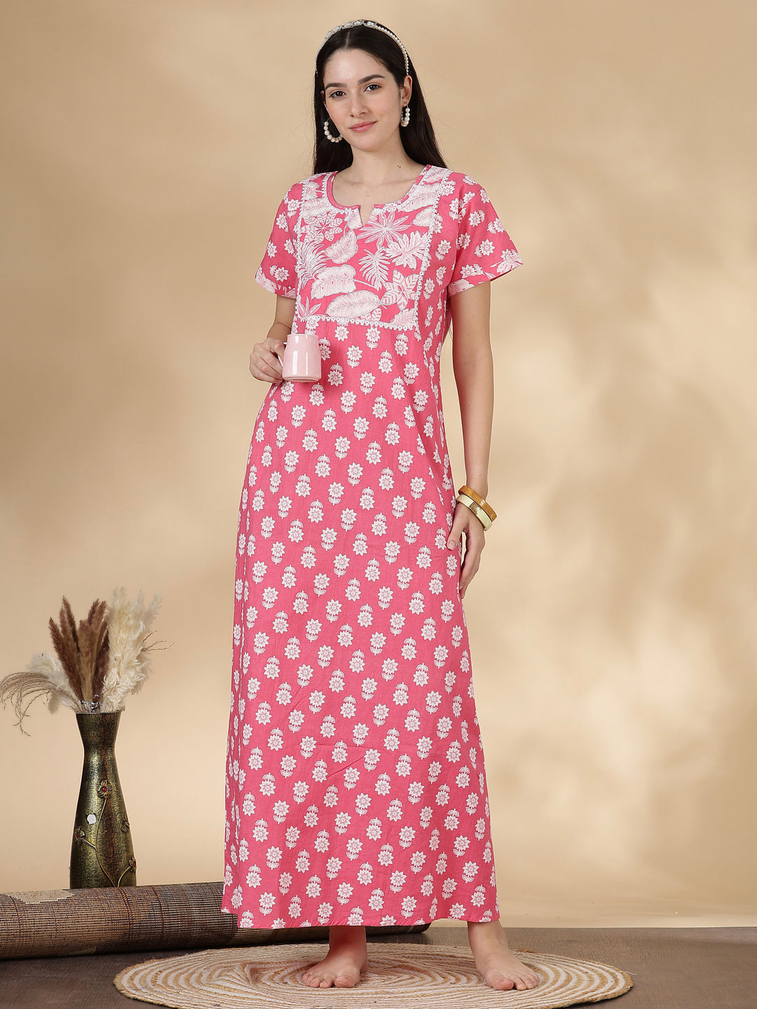 Tropica pink 100% pure cotton designer nighty for women