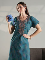 Teal Micro Buti Cotton Nighty with Designer Embroidered Neck