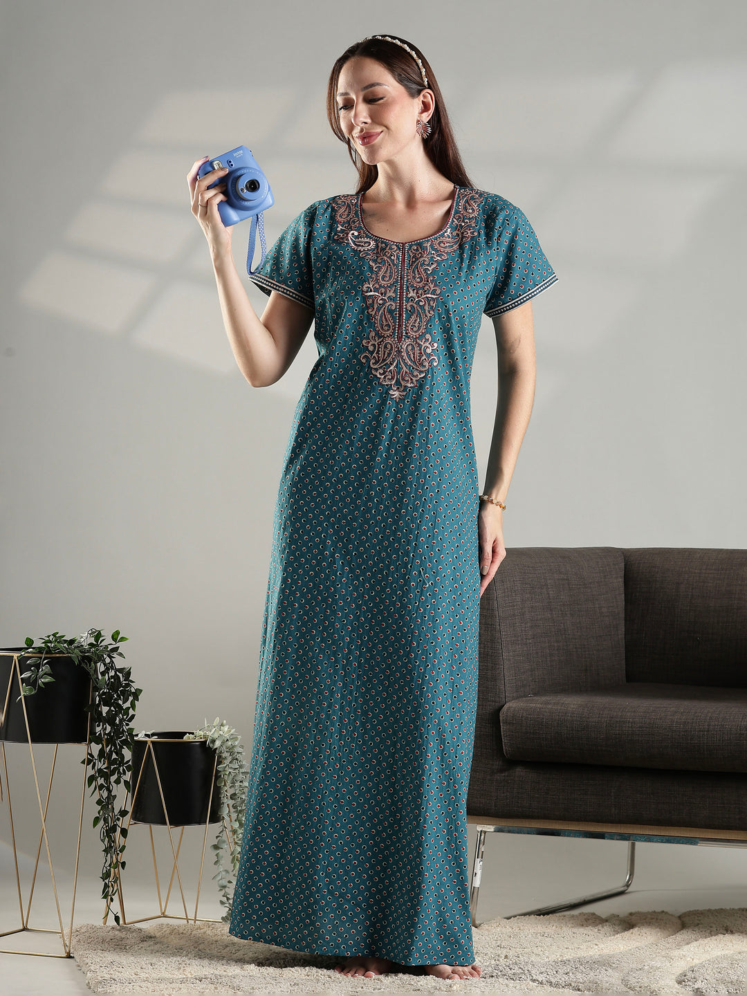 100% pure cotton embroidery nighty for women in teal