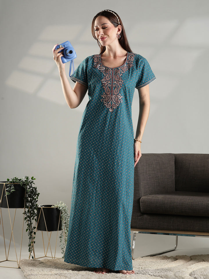 100% pure cotton embroidery nighty for women in teal