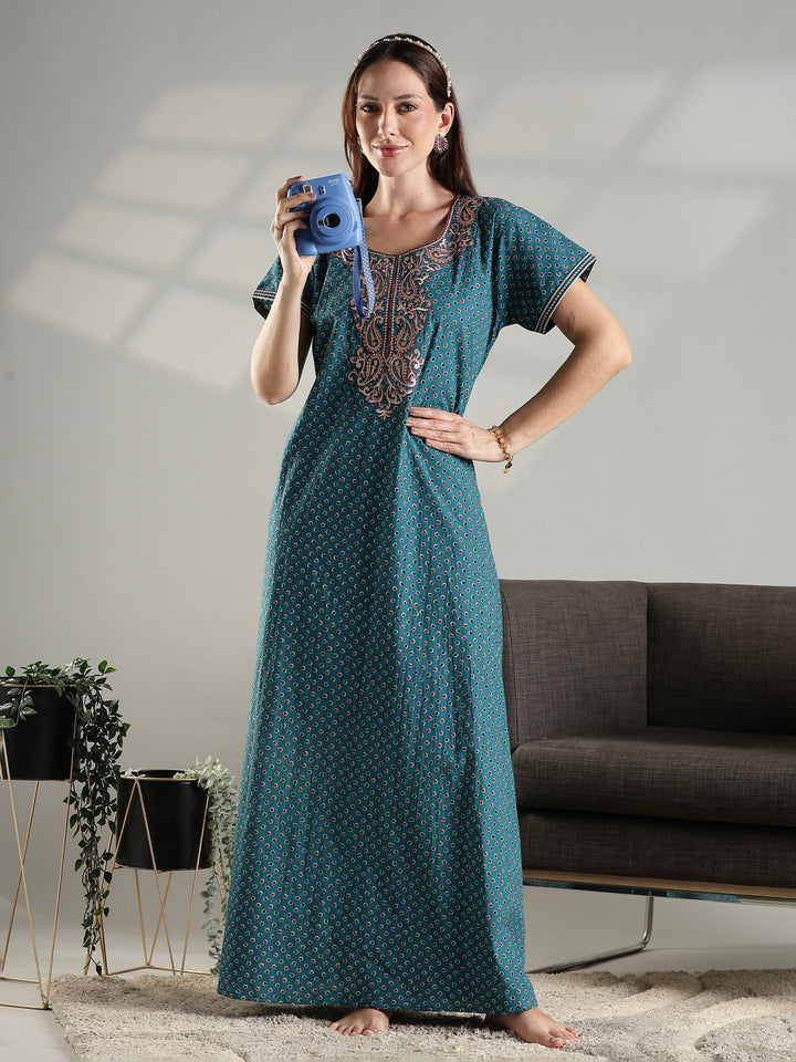 100% pure cotton embroidery nighty for women in teal