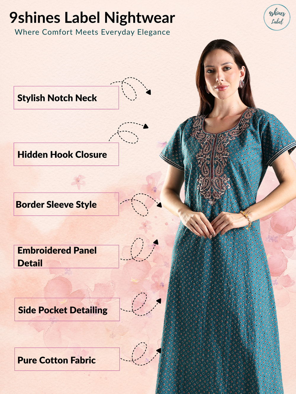 100% pure cotton embroidery nighty for women in teal