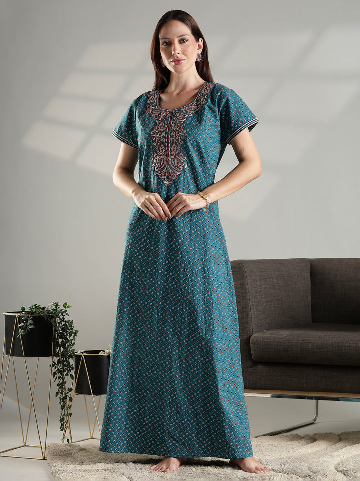 100% pure cotton embroidery nighty for women in teal