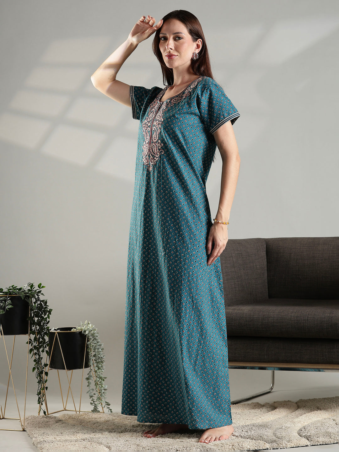 100% pure cotton embroidery nighty for women in teal