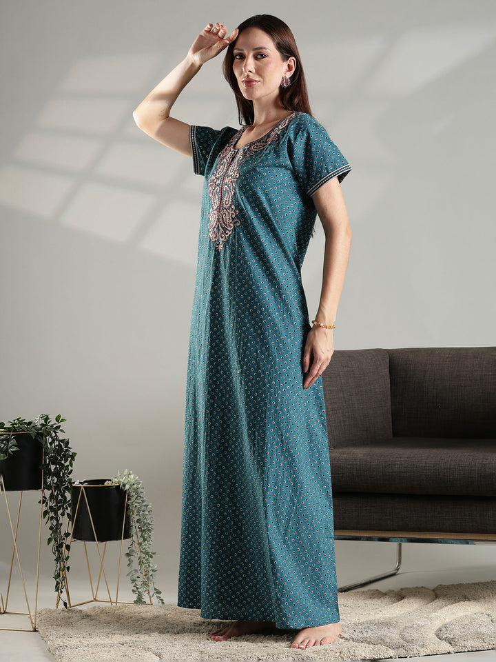 100% pure cotton embroidery nighty for women in teal