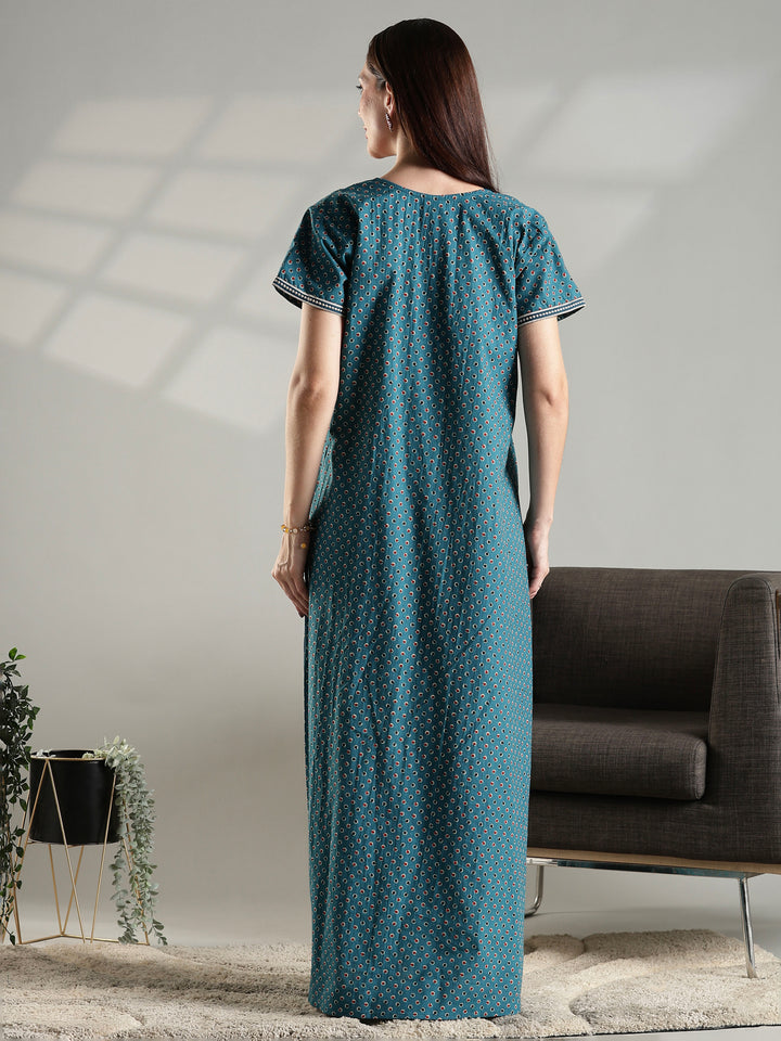 100% pure cotton embroidery nighty for women in teal
