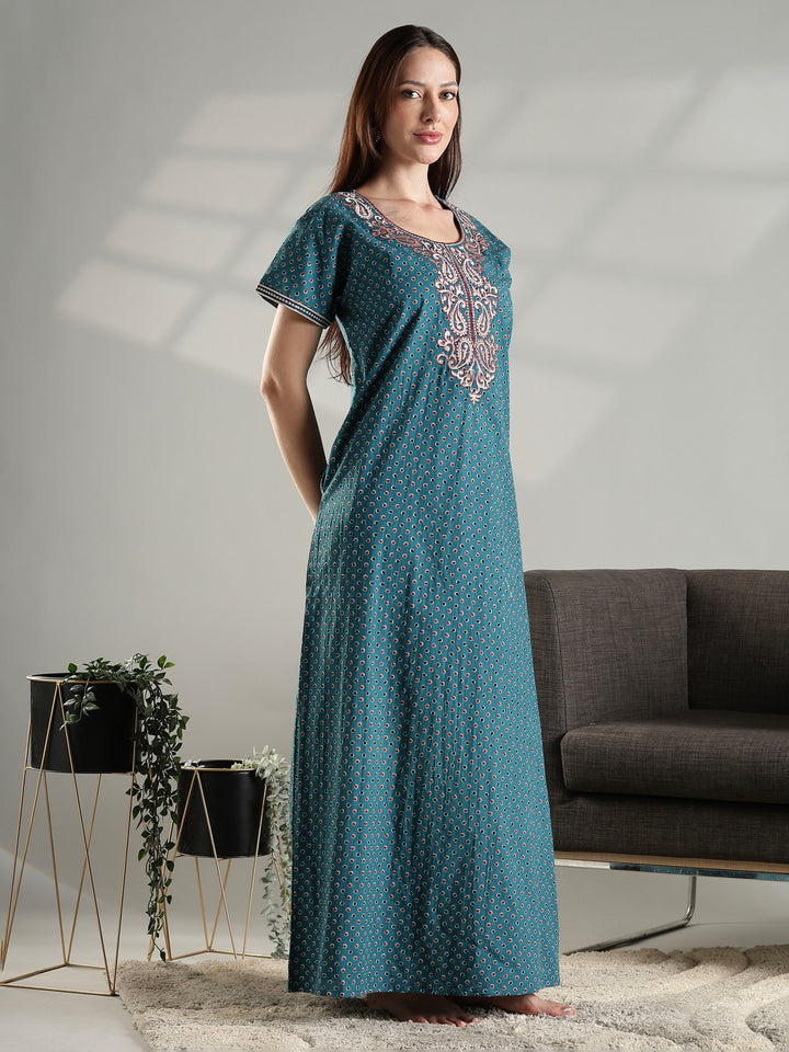 100% pure cotton embroidery nighty for women in teal