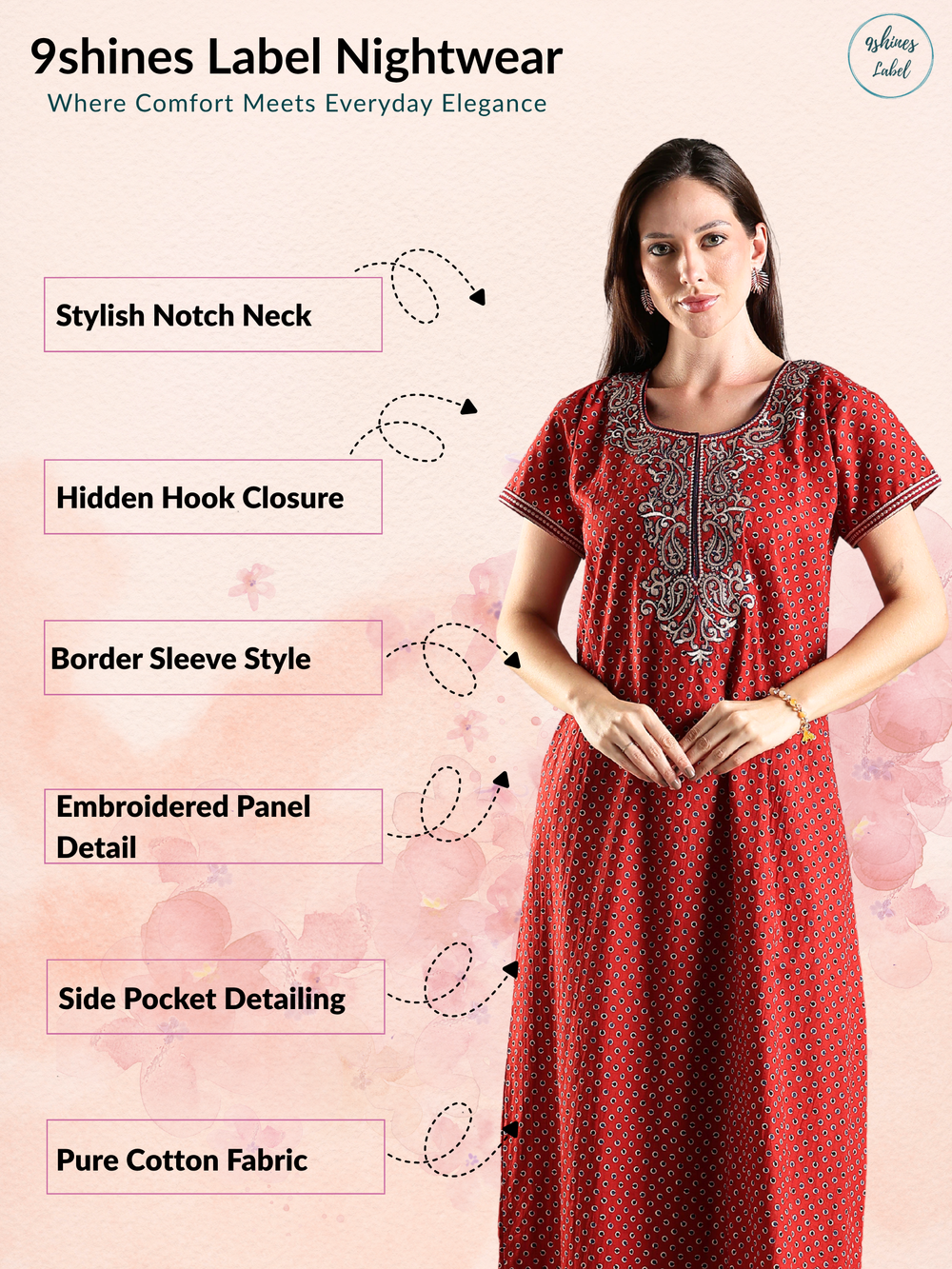 Premium pure cotton nighty for women for summer in rust