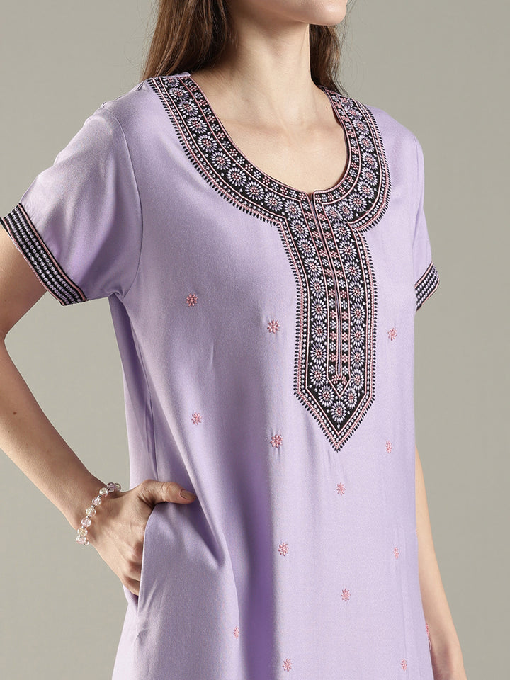 Alpine embroidered A-line lavender cozy nighty for women
