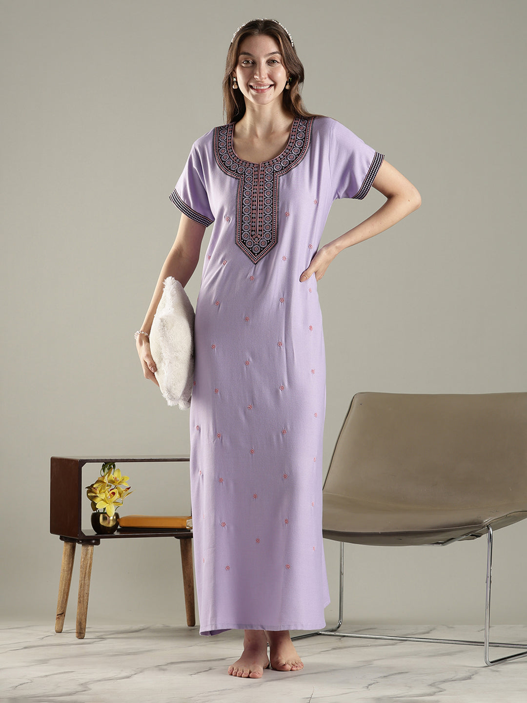 Alpine embroidered A-line lavender cozy nighty for women