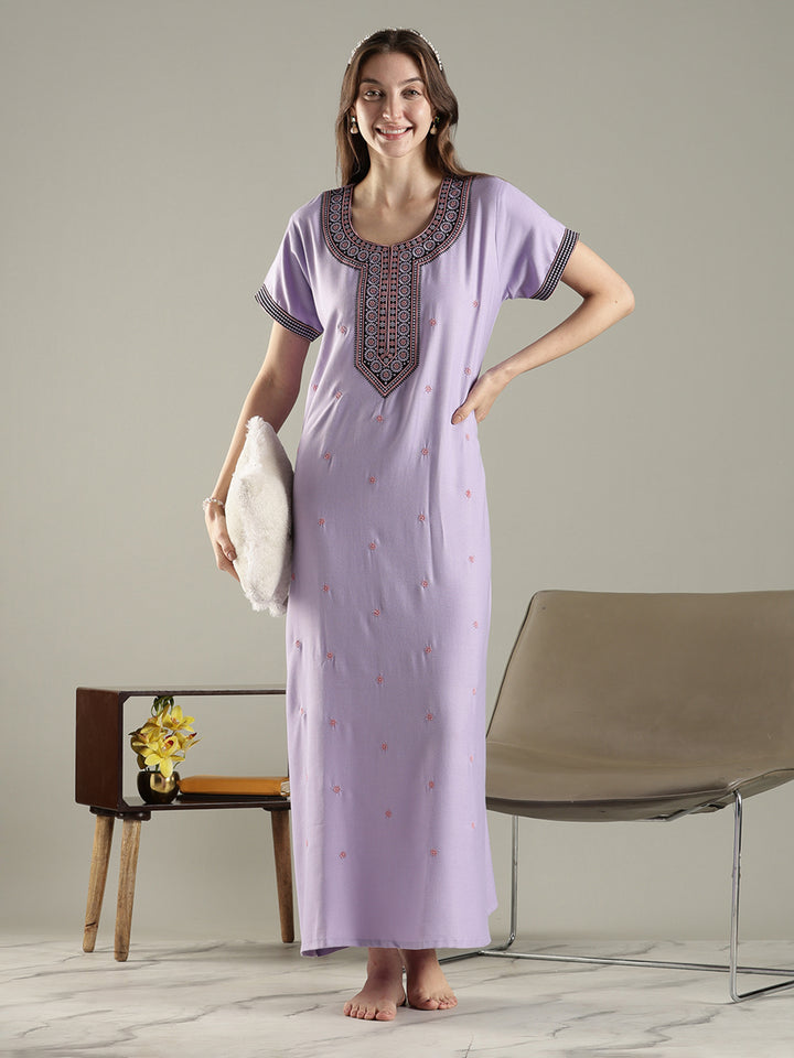 Alpine embroidered A-line lavender cozy nighty for women